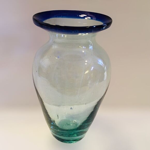 Green Tint Cobalt Blue Rim Bubbled Blown Art Glass Bud Vase - Picture 5 of 16